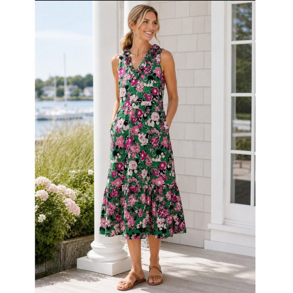 J. Crew Floral Ruffle Midi Dress‎ Women 2 AV680 Cotton Tiered Sleeveless